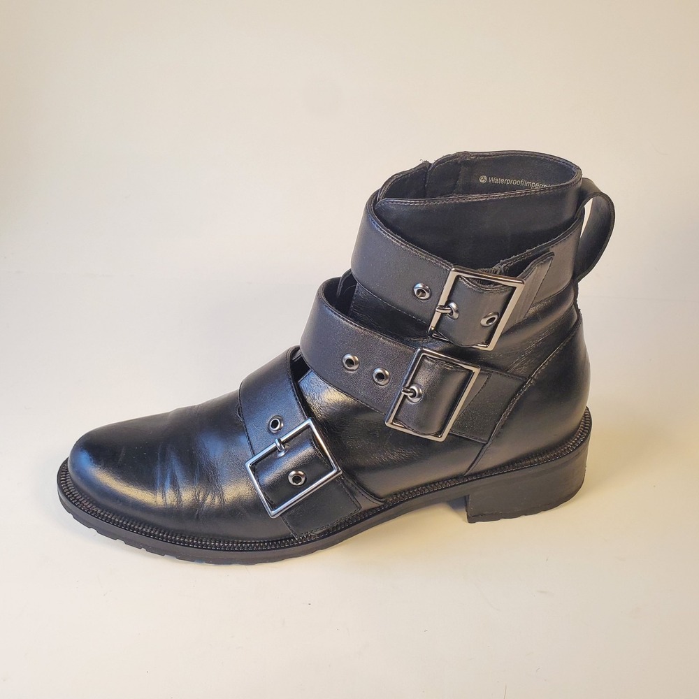 Blondo Camila Womens 11M Black Leather Moto Biker Ankle Waterproof Strappy Boots